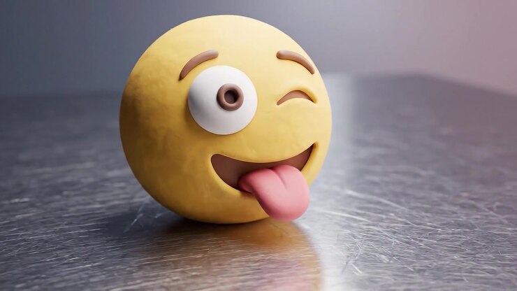 Playful and Whimsical Emoji Design with Tongue Out Expressing Joy and Playfulness, Set Against a Reflective Metallic Surface in a Modern Artistic Style