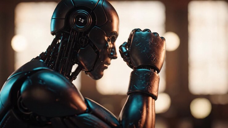 En eftertænksom robotfigur, der grubler over eksistensen, og som viser en blanding af avanceret teknologi og menneskelignende følelser i en futuristisk ramme med blødt, varmt lys.