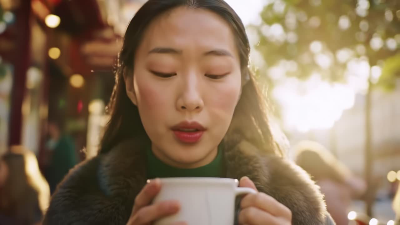 A Serene Moment: A Young Woman Sipping Tea Outdoors in the Evening Light, Capturing the Beauty of Quiet Reflection in a Bustling Urban Setting