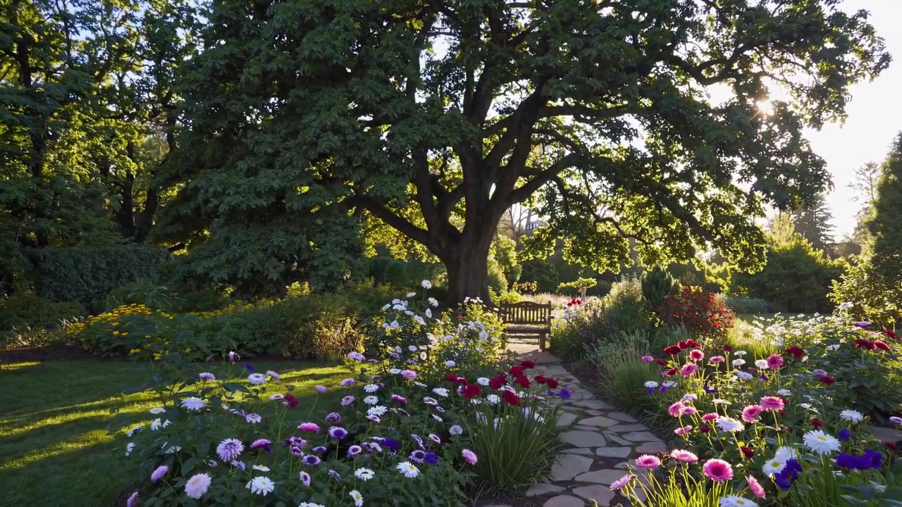 Caminho de Jardim Ensolarado com Flores Desabrochando e Grande Árvore