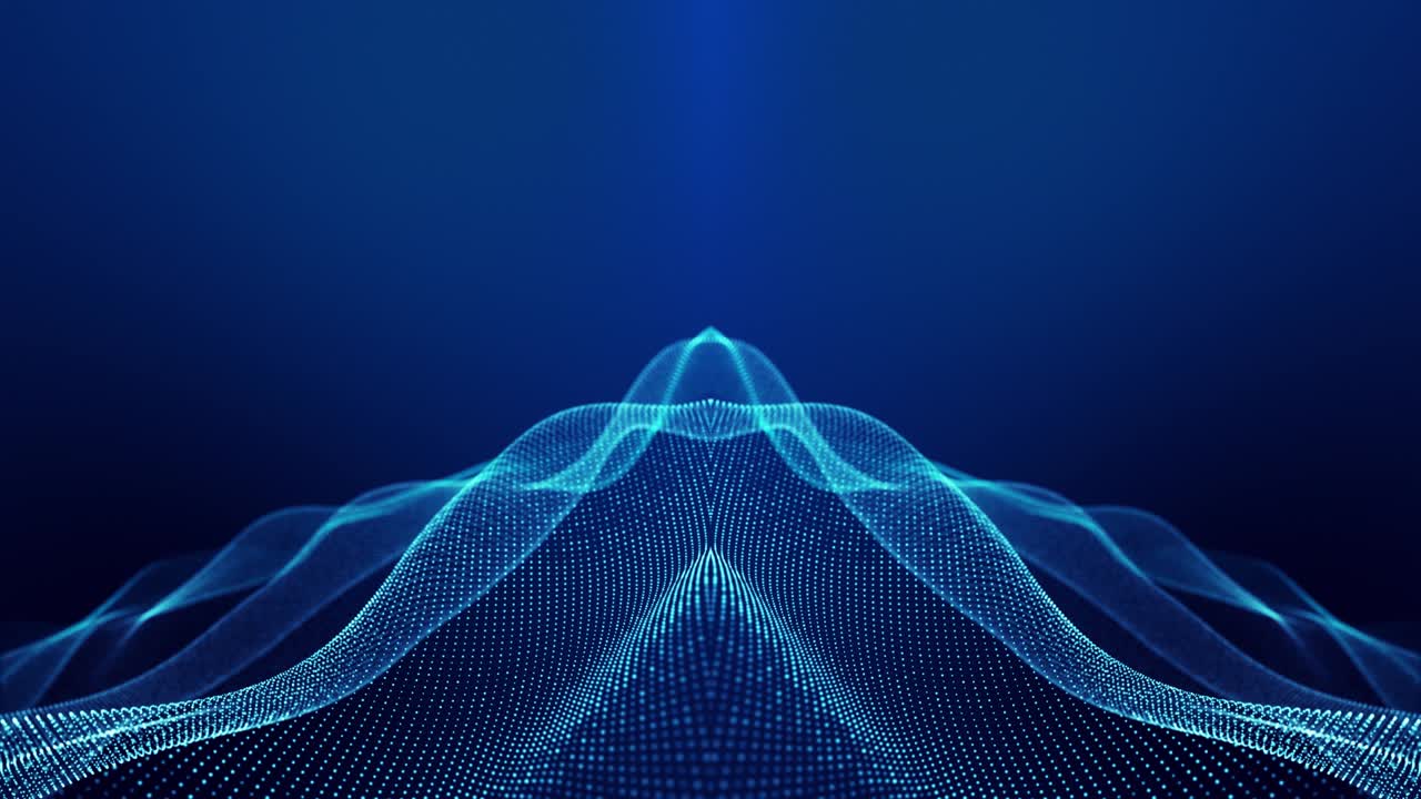 Sci-fi abstract theme with particle mirror waves. 4k looped abstract blue background of glow particles form curved lines, surfaces simmetrical structures. Digital bg with particle hologram.