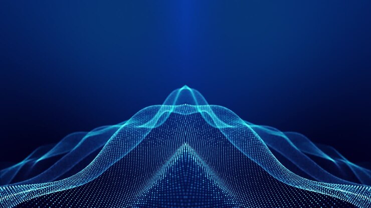 Sci-fi abstract theme with particle mirror waves. 4k looped abstract blue background of glow particles form curved lines, surfaces simmetrical structures. Digital bg with particle hologram.