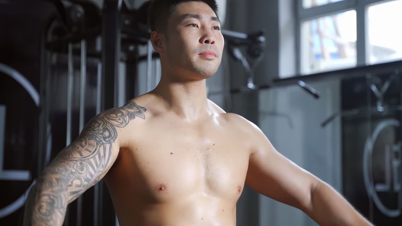 강한 근육 운동 선수 운동 남자 보디빌더 체육관에서 덤벨로 어깨를 훈련