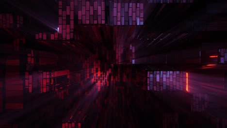 vj loop - falling through a glitching digital environment with red, purple and blue light shining through intermittent grid structures