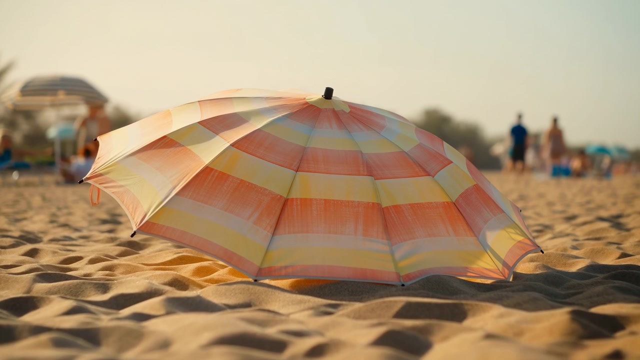Ombrellone da spiaggia statico, su una spiaggia sabbiosa con persone sullo sfondo, con ombrelloni, sabbia, persone, con texture di tessuto e palo di legno, da una prospettiva ravvicinata a livello del suolo.