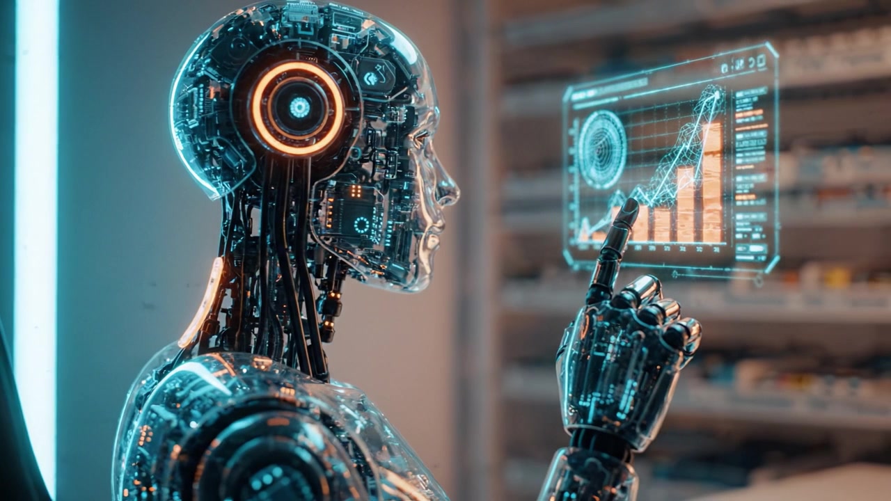 Futuristic robot analyzing data on a holographic screen, showcasing advanced technology and artificial intelligence in a modern environment, demonstrating precision and intelligence.