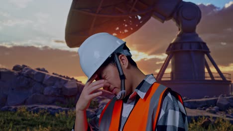 close up side view of asian male engineer with safety helmet having a headache while working with large satellite dish