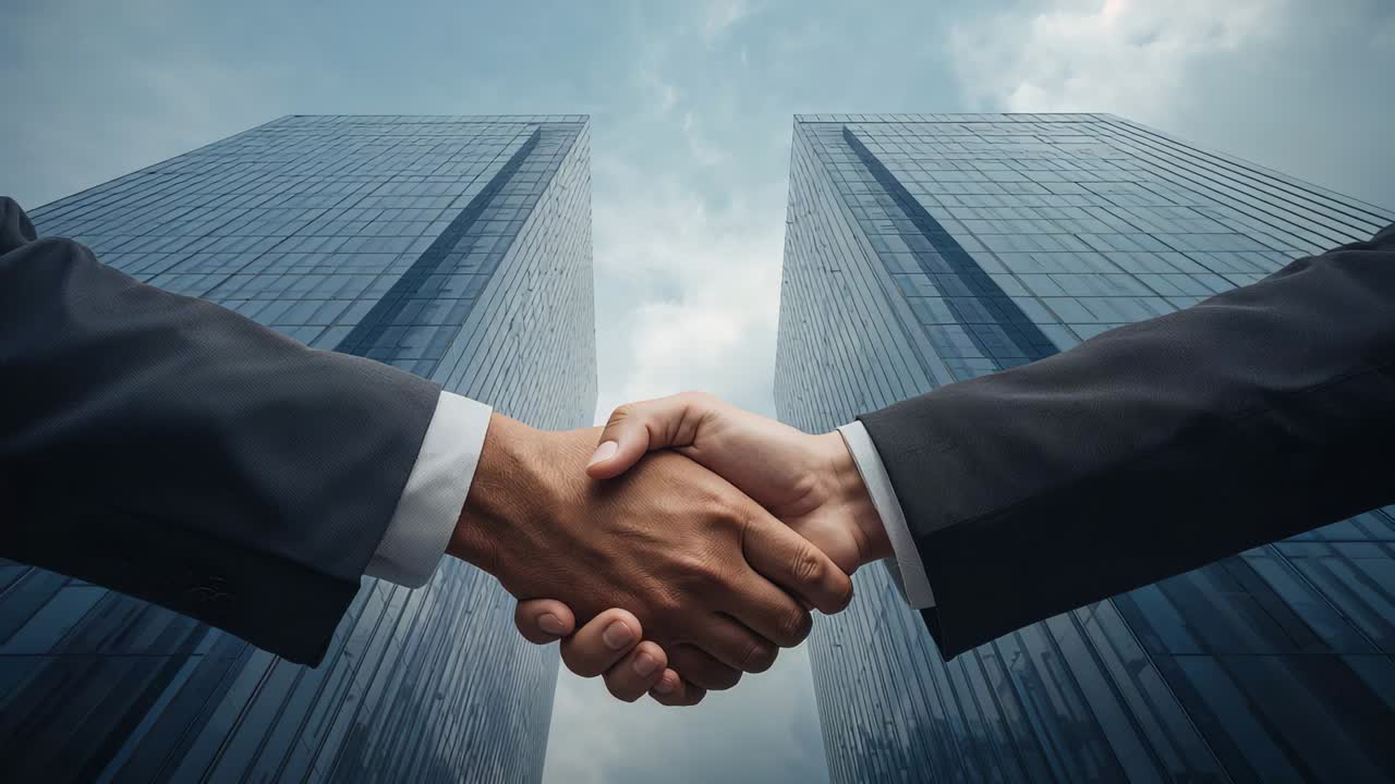 Shaking suited partners' hands after arms extending and meeting amid glass towers, sealing pact