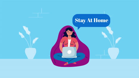 woman using laptop in sofa stay at home campaign