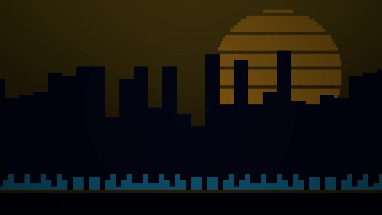 Paesaggio urbano in pixel art retrò con onda sonora animata e tramonto