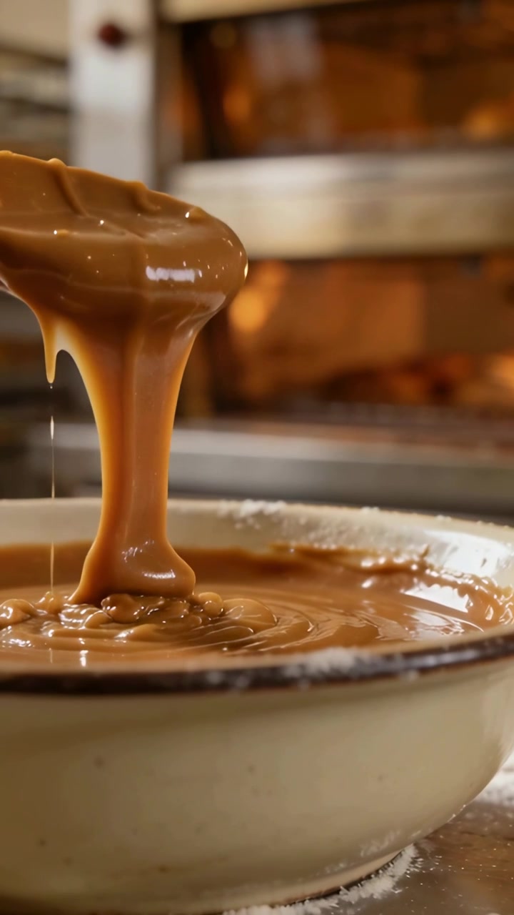Video verticale: Sollevando il cucchiaio, la salsa al caramello si allunga e gocciola in una ciotola smaltata sul piano di lavoro