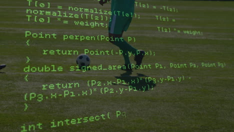 data processing against team of male soccer players playing football on sports field