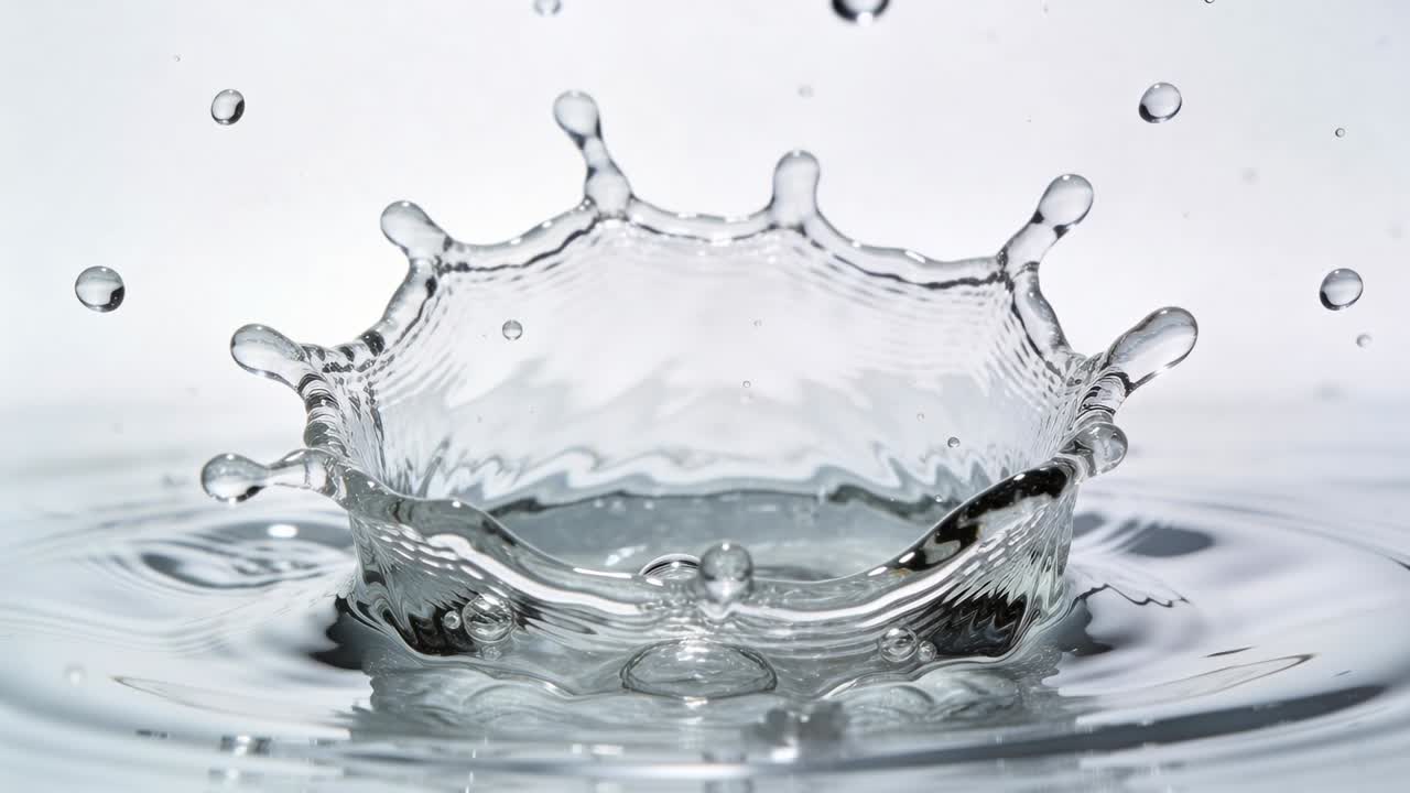 Formazione di uno spruzzo d'acqua a forma di corona in seguito all'impatto di una goccia in un ambiente studio controllato, con increspature.