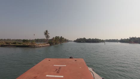 POV-view-from-top-of-ferry-boat,-exploring-backwaters-of-Alleppey,-Kerala