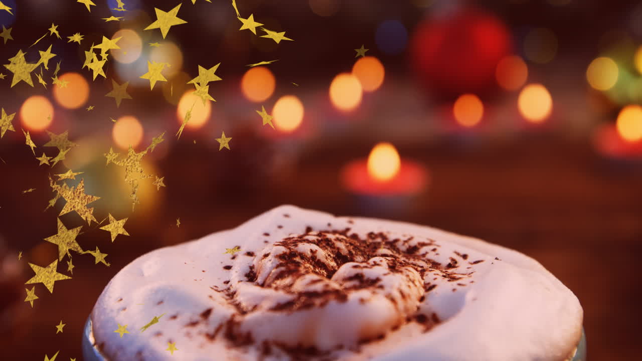 animación de estrellas volando sobre la bebida de chocolate caliente de navidad y velas