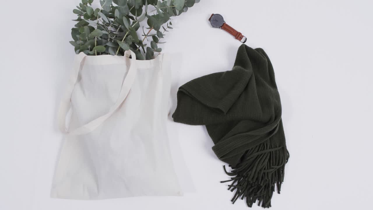 ⁇ 색 배경 에 식물, 스카프, 시계, 복사 공간 을 가진  ⁇ 색 캔버스 가방 의 비디오