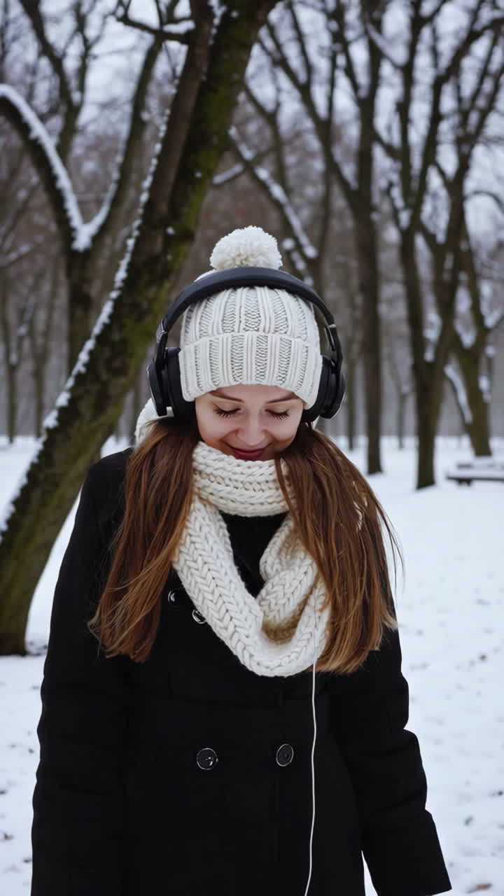 Young Woman Listening to Music in a Snowy Winter Park