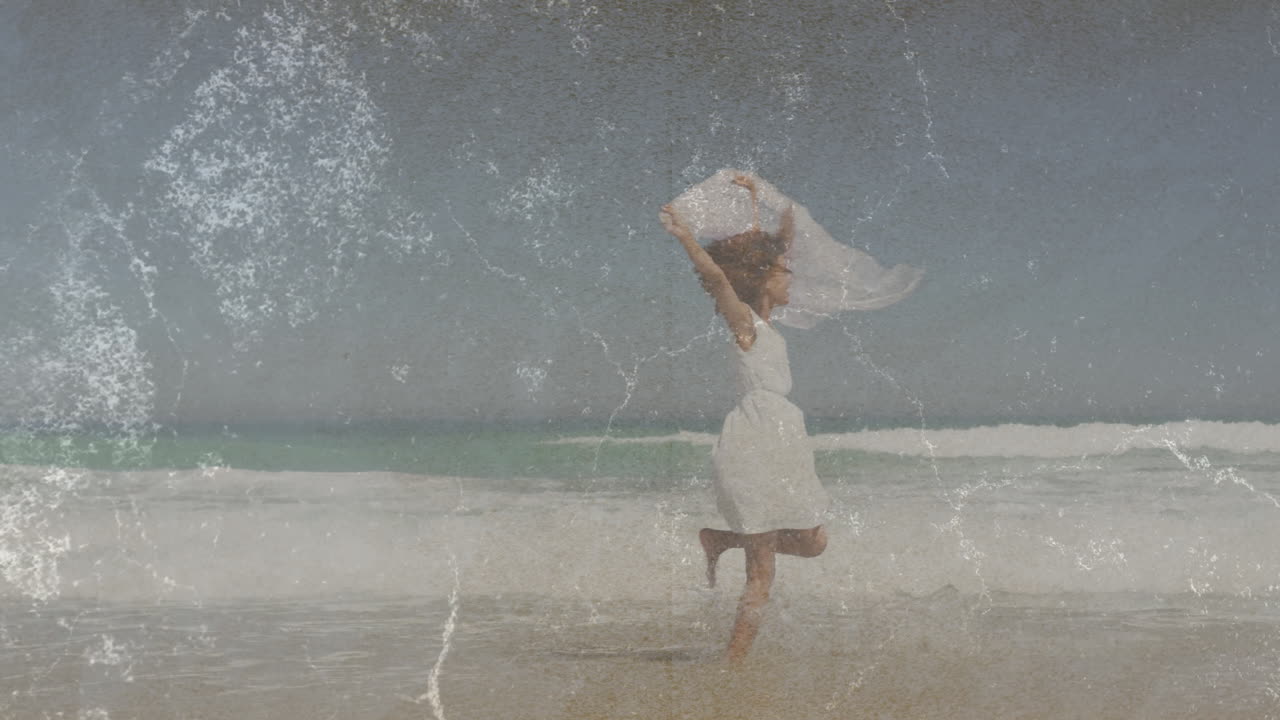 Running on beach, woman in white dress with animation and textured overlay
