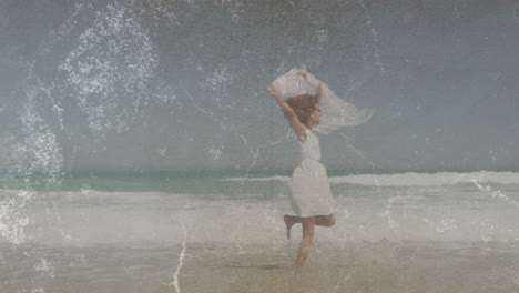 running on beach, woman in white dress with animation and textured overlay
