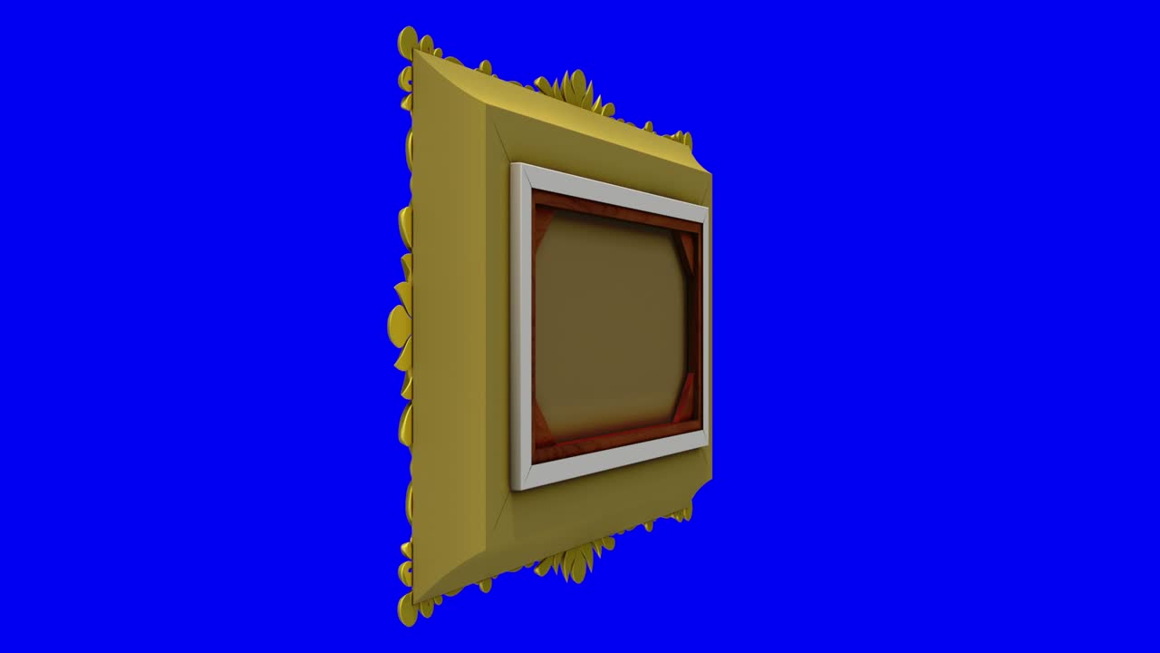 el marco de la imagen de oro gira en el fondo azul, clave de croma, bucle sin costuras. animación 3d con ruido de televisión y pantalla verde.