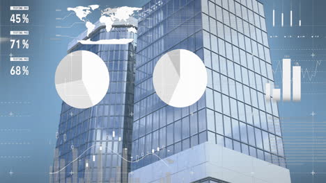 animation of financial data processing over modern office buildings