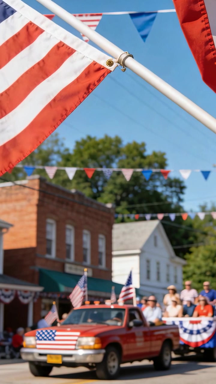 Vertical video: Waving US flag on pole over main St parade, patriotic crowd watching, copy space