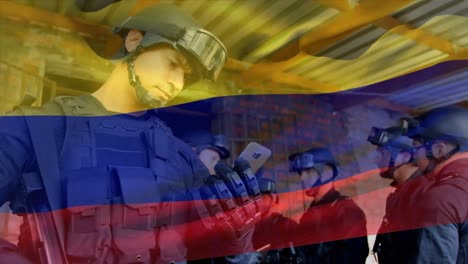Animation-of-flag-of-colombia-waving-over-biracial-special-force-soldier-looking-in-cellphone