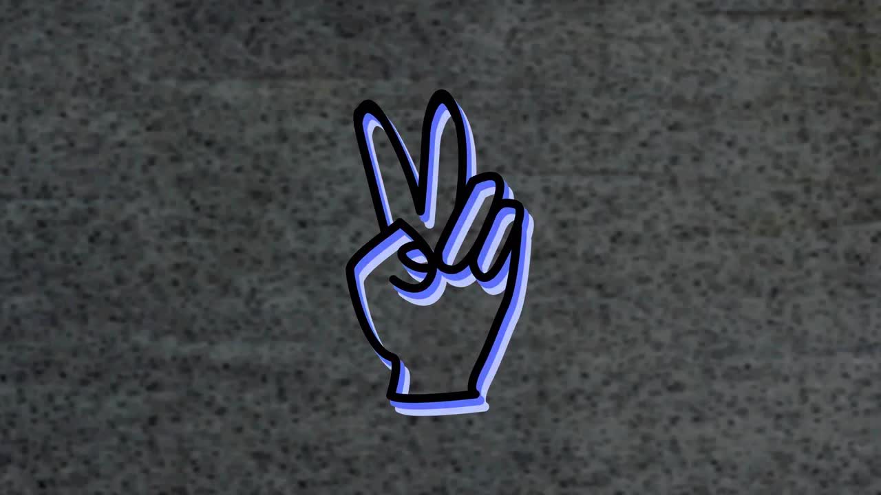 animación del icono del gesto de victoria de neón sobre un fondo texturizado