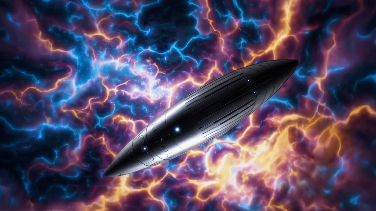 Spaceship in a Colorful, Energetic Space Nebula