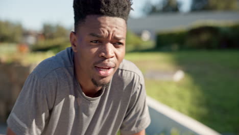 tired runner, african man and park with thinking