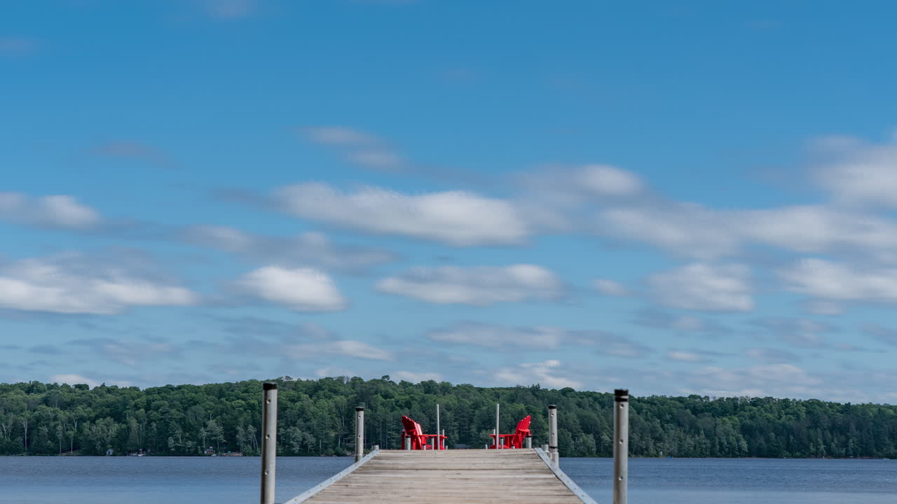 A timelapse of clouds, sunlight, shadows, and water floating by a.lake dock with red chairs