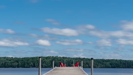 a timelapse of clouds, sunlight, shadows, and water floating by a.lake dock with red chairs