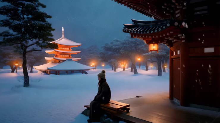 Una tranquilla notte d'inverno in un tempio giapponese