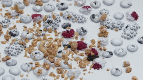 breakfast granola berry yogurt in super slow motion close up. milky dessert.