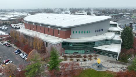 drone shot of downtown spokane's hockey arena