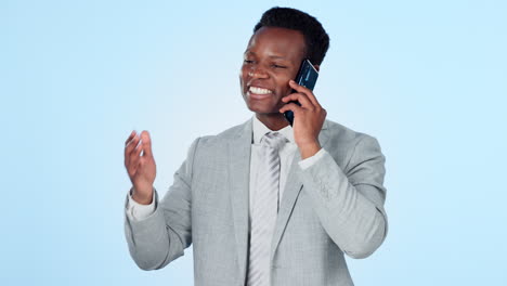 Black-man,-phone-call-or-funny-businessman