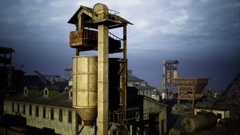 industrial structures dominate the skyline in an abandoned factory area