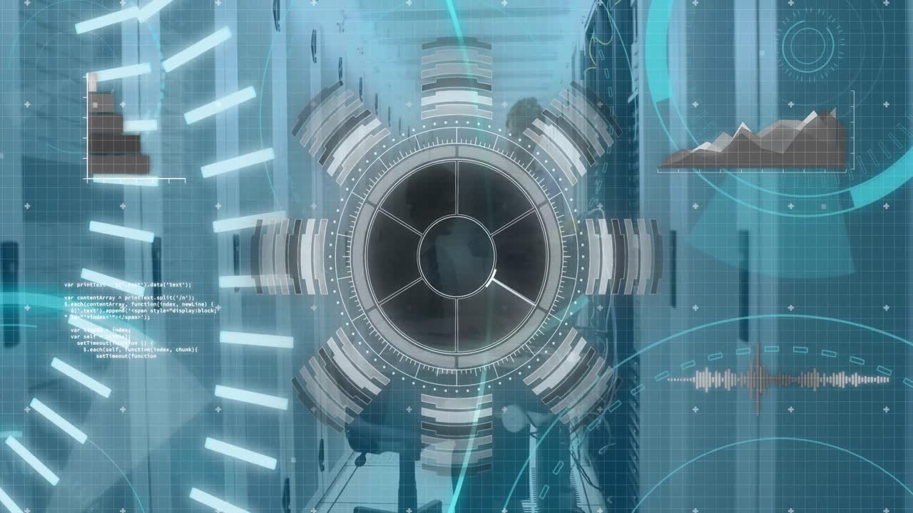 サーバールーム上のレーダー,円,グラフ,音波のアニメーション