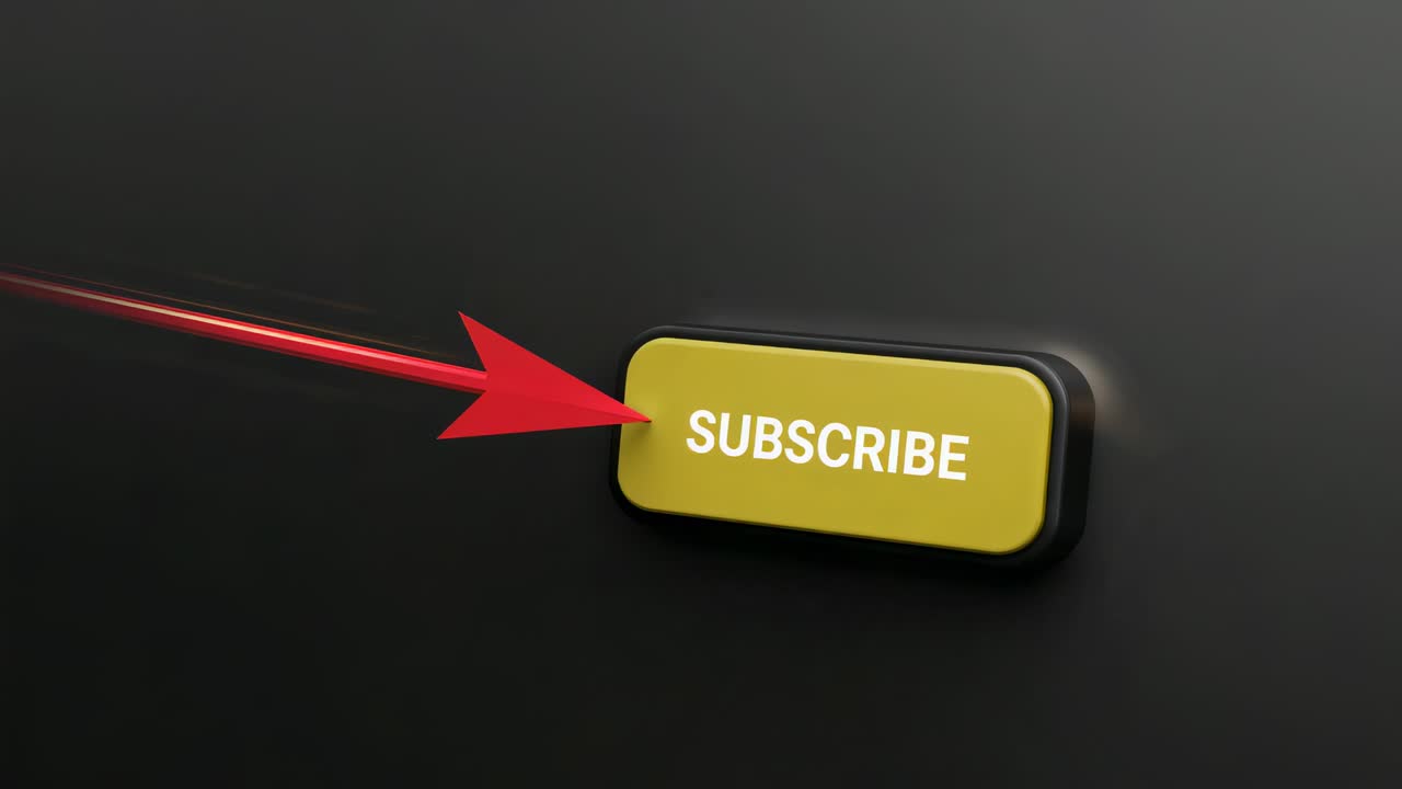 Entering red laser arrow from left pointing at yellow SUBSCRIBE button on dark backdrop, copy space