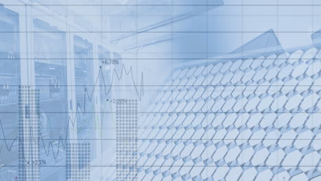 financial data processing over solar panel against empty server room