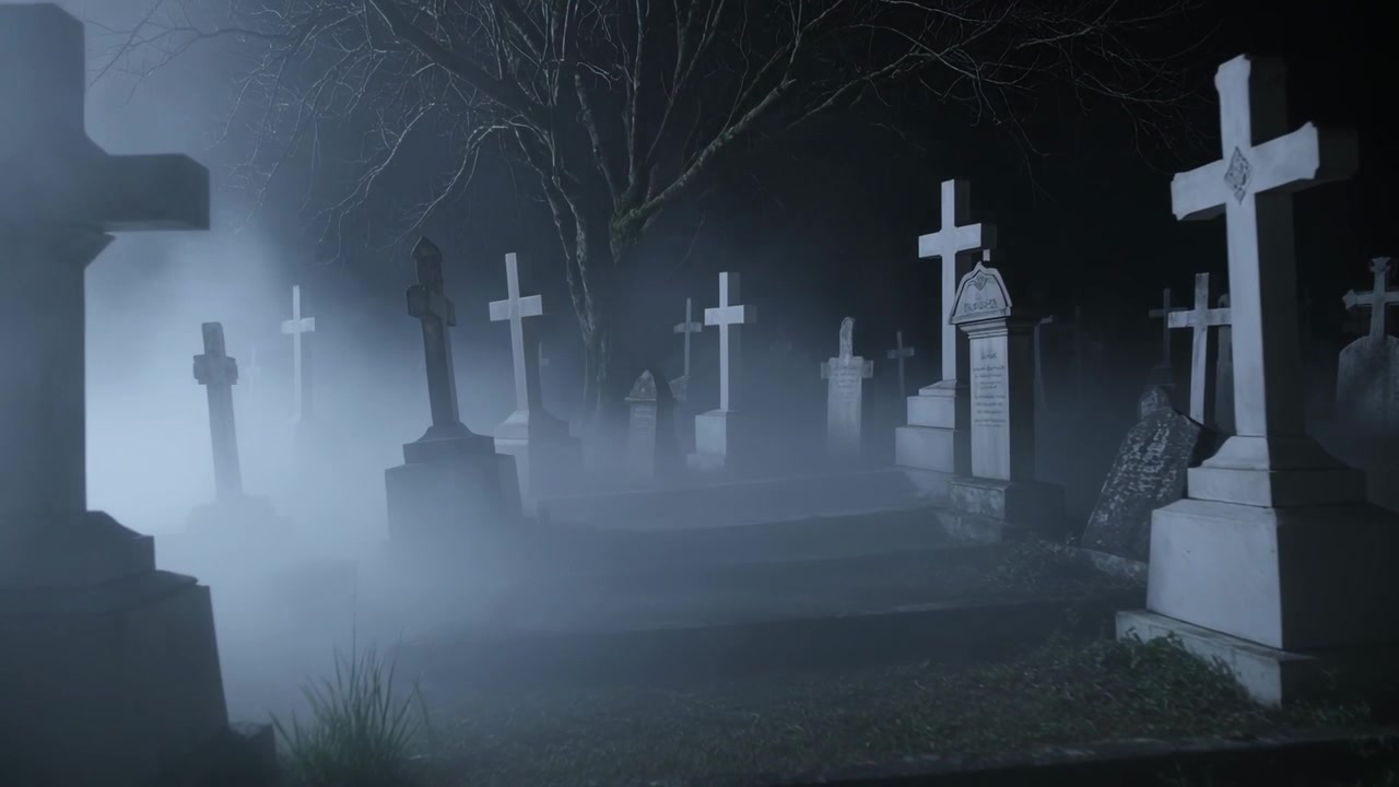 Telecamera in movimento fluido che rivela lapidi a croce in un cimitero notturno, esponendo gradini di pietra, con la nebbia che si sposta.
