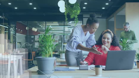 animation of financial data processing over diverse business people in office