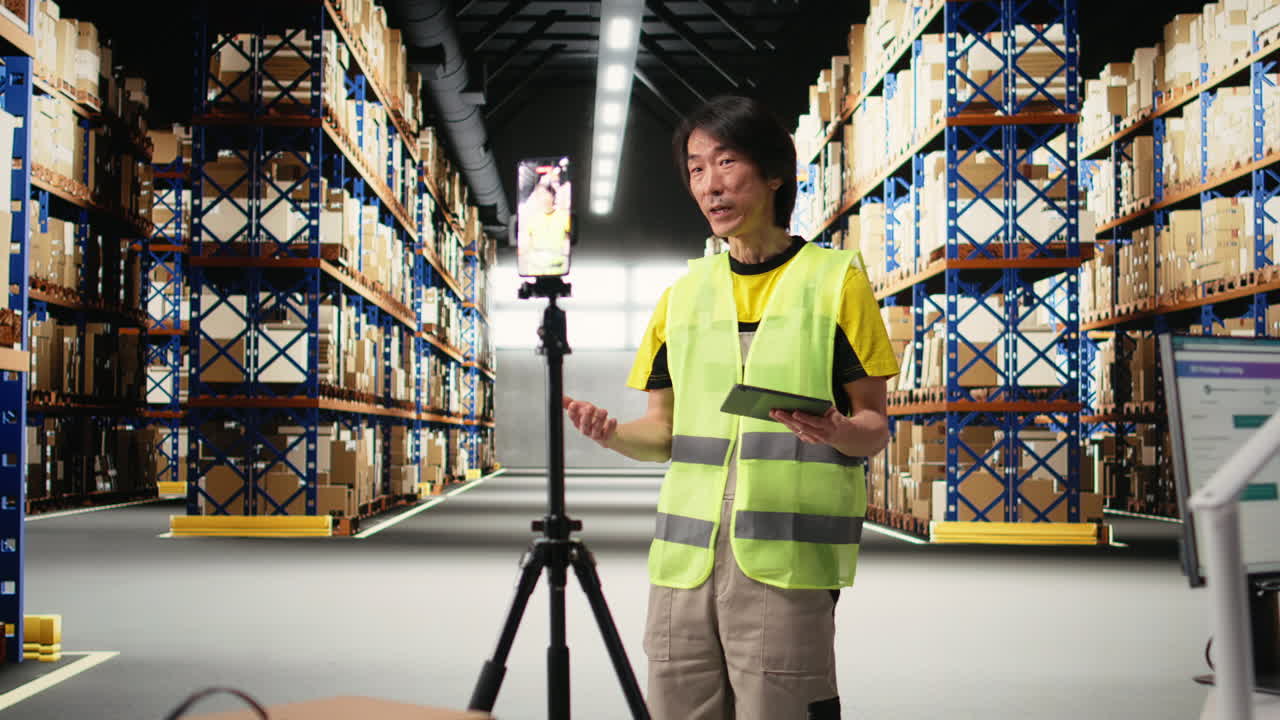 Vertical Video Asian worker promoting the large business industrial warehouse on a vlog