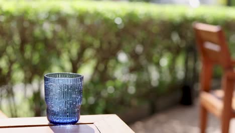 a blue glass sits on a sunlit patio table, surrounded by greenery and wooden chairs, creating a serene outdoor setting