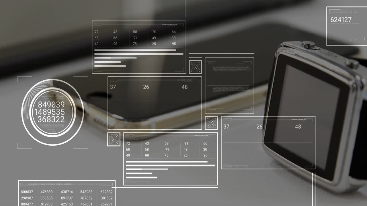 On start tablet plus phone displaying translucent panels animating updating data into dashboard