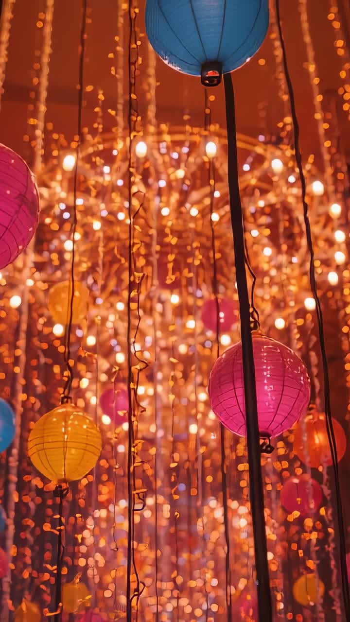 Vertical video: Starting camera panning upward at gallery through paper lanterns and string lights