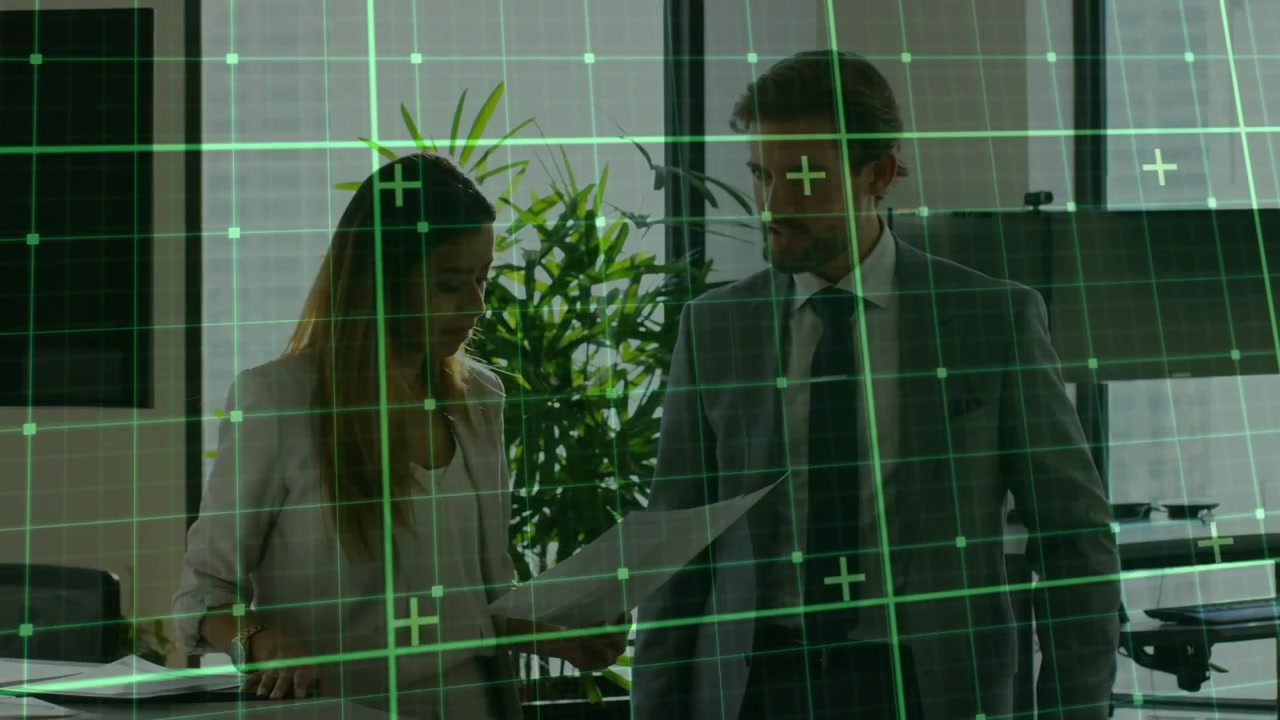 Woman showing paper, man studying gesturing in office, closing report with green grid overlay