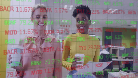 animation of stock market data processing over two diverse women discussing in office corridor