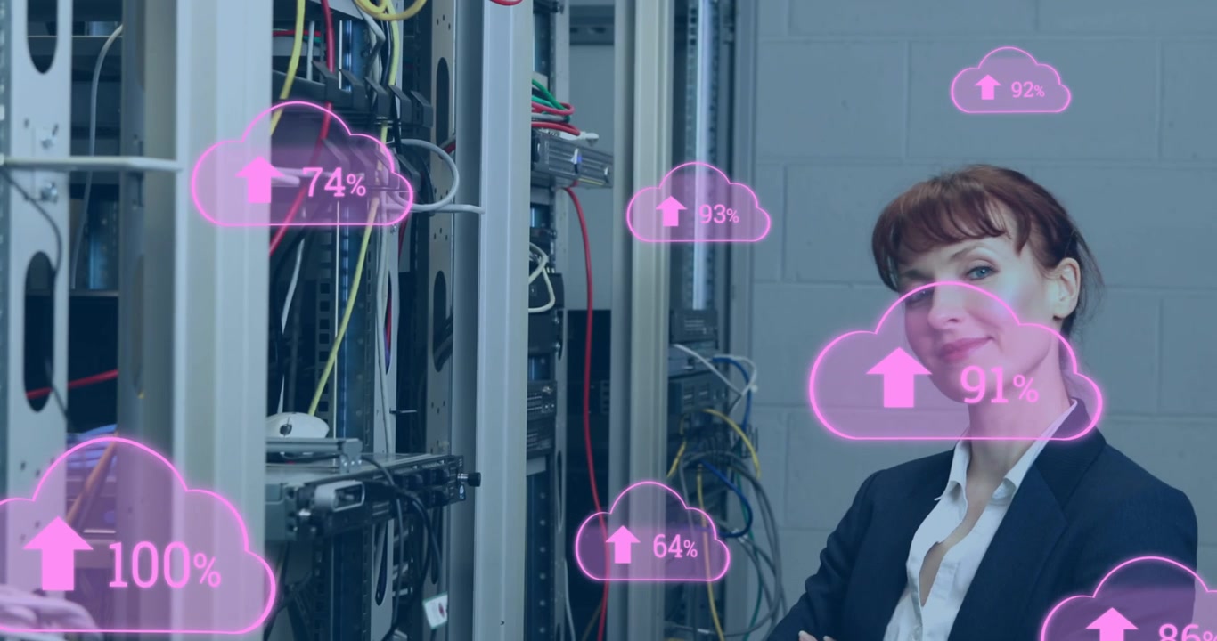 Animation of cloud icons with growing numbers over caucasian woman in server room