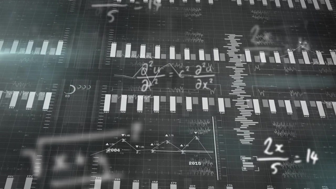 Vertical video: Chalk equation appearing, dashboard copying tiles and tilting to reveal data mosaic